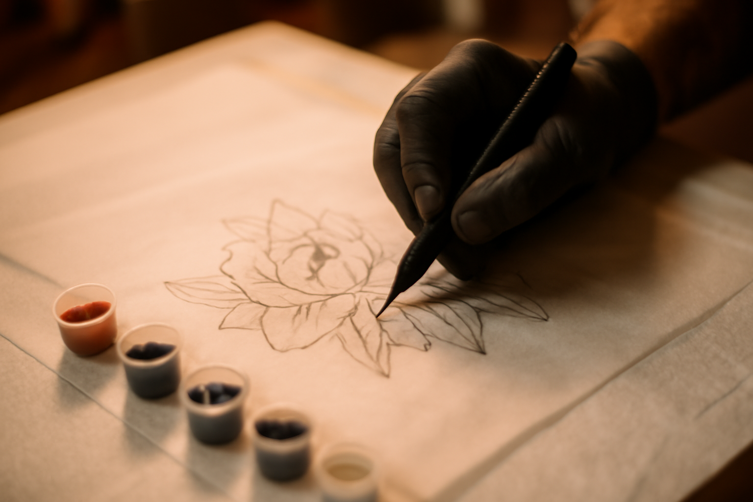 Seniman tato menggambar desain bunga peony di atas kertas sebelum tato dibuat