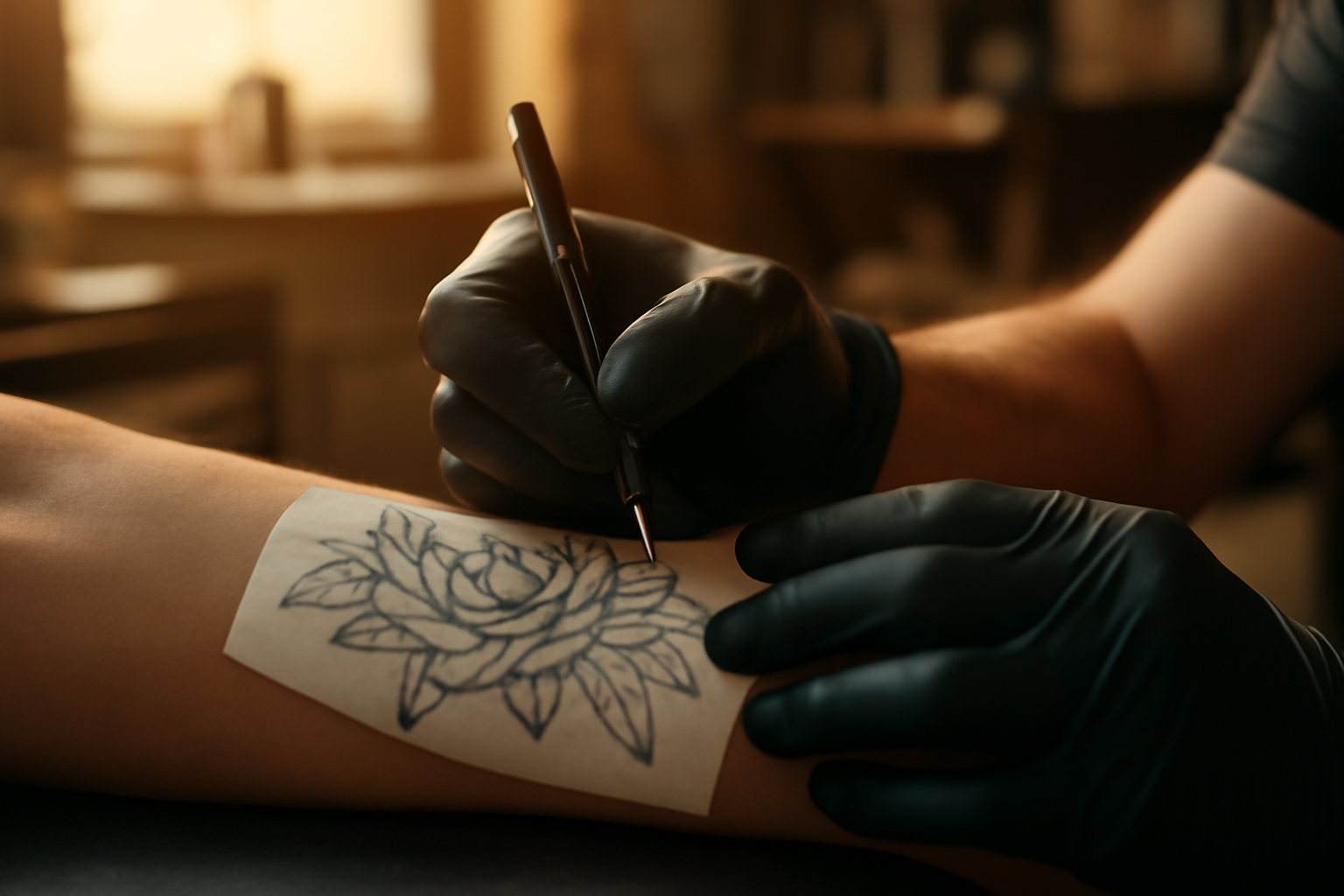 Seniman tato menyesuaikan stensil motif bunga di lengan bawah klien sebelum proses tato