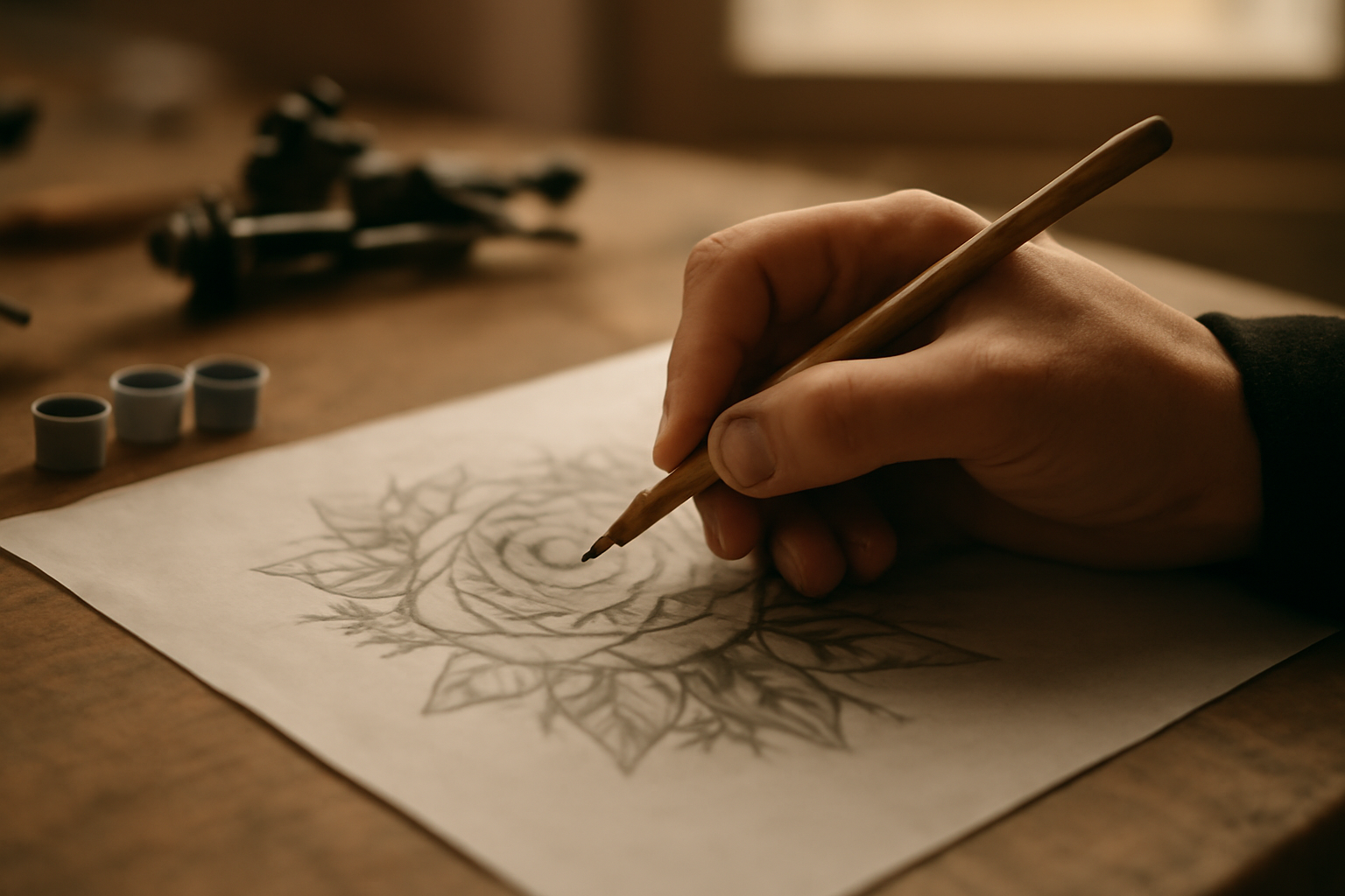 Seniman tato sedang membuat sketsa desain tato custom di atas kertas