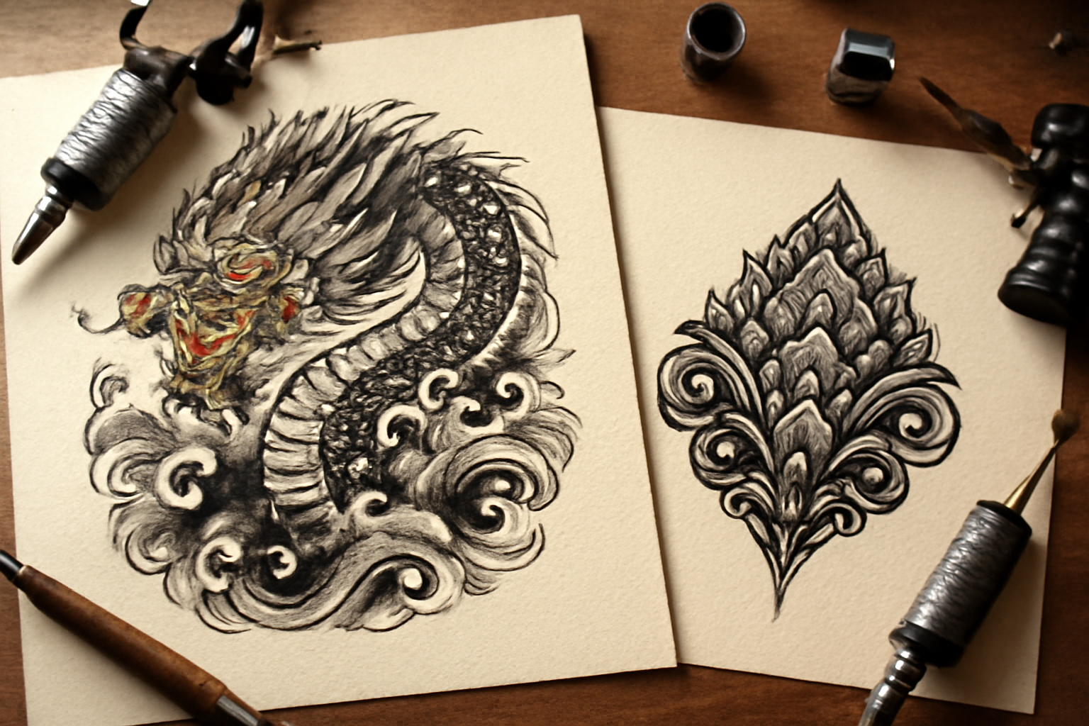 Perbandingan desain tato Jepang dan tato Bali di atas meja kayu